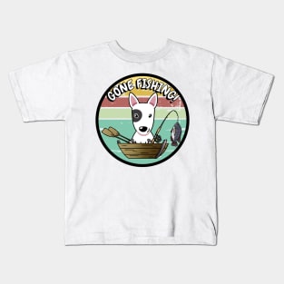 Cute bull terrier dog has gone fishing Kids T-Shirt